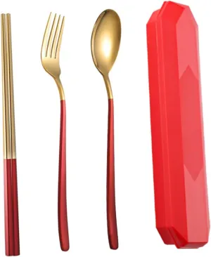 1 Set Stainless Steel Cutlery Camping Cutlery Chopsticks Spoon Travel Utensils Durable Forks Portable Cutlery Durable Chopsticks Flatware Tableware Kit Red Food Grade Student