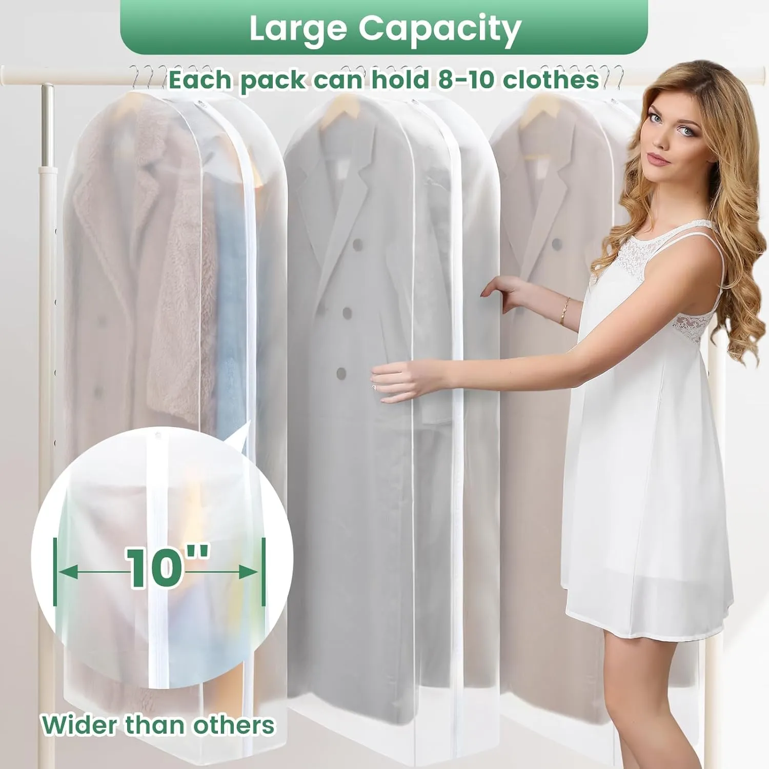 10" Gusseted Garment Bags for Hanging Clothes - 3 Packs Translucent Dress Bag for Closet Wardrobe Storage Travel - 60 inch