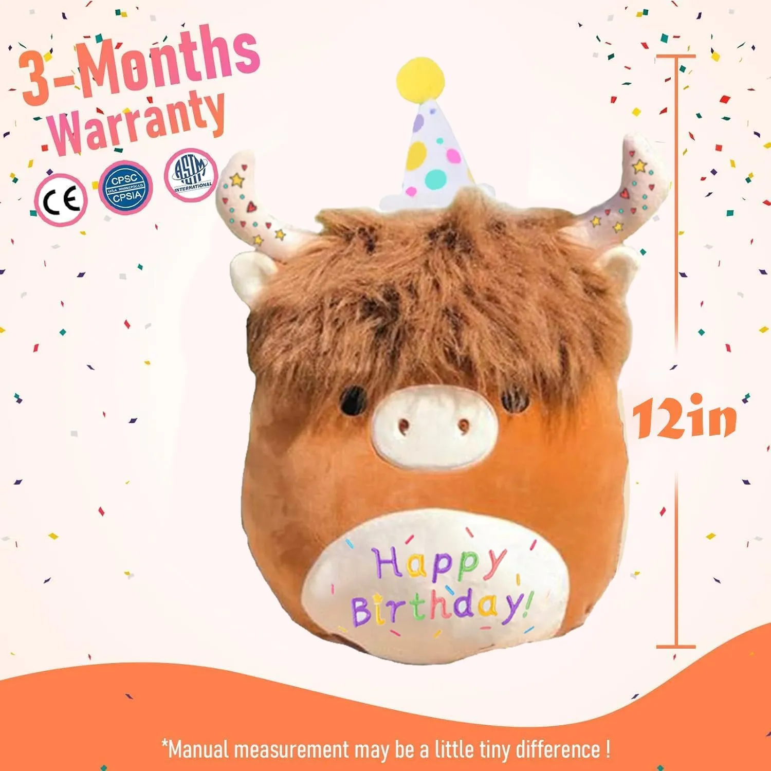 12'' Happy Birthday Highland Cow Plush Toy, Soft Birthday Scottish Highland Cow Stuffed Animal Cute Cow Plushies Pillow