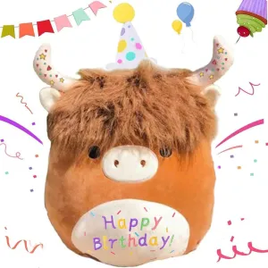12'' Happy Birthday Highland Cow Plush Toy, Soft Birthday Scottish Highland Cow Stuffed Animal Cute Cow Plushies Pillow