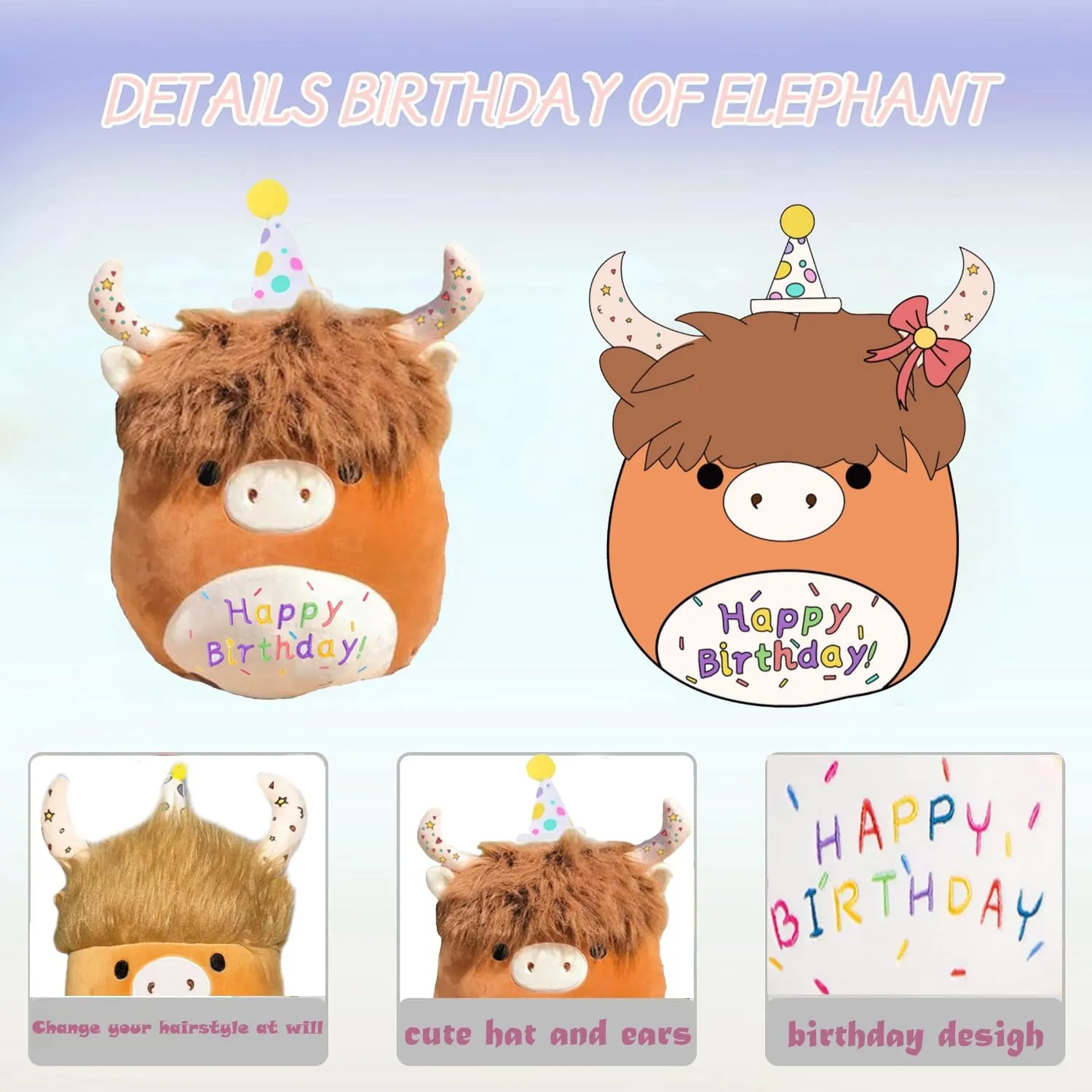 12'' Happy Birthday Highland Cow Plush Toy, Soft Birthday Scottish Highland Cow Stuffed Animal Cute Cow Plushies Pillow