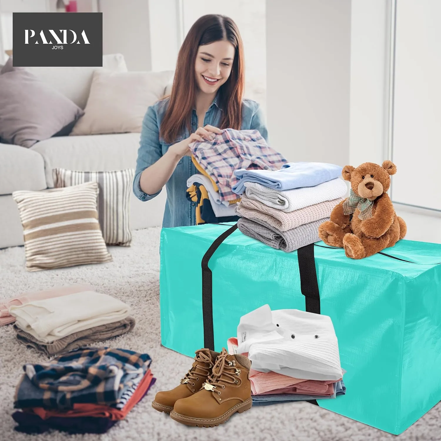 12 Pack Extra Large Moving Bags with Zippers & Carrying Handles, Heavy-Duty Storage Tote for Space Saving Moving Storage, Fold Flat, Alternative to Box and Bin,Aquamarine