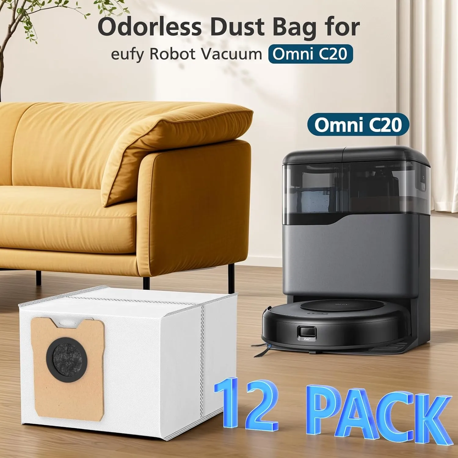 12 pcs Dust Bags for eufy Omni C20 C10 Robot Vacuum, 3.6L Large Capacity Replacement Bags with 3-Layer Odorproof & Leakproof Fabric