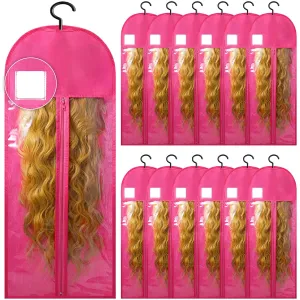 12Pcs Extra Long Wig Storage Bags with Hanger Hair Extension Wig Storage Hanger Bags for Multiple Wigs with Tags Organizer Dust-Proof Wigs Bag Home Travel Closet Wigs & Accessories (Pink 31.5in)