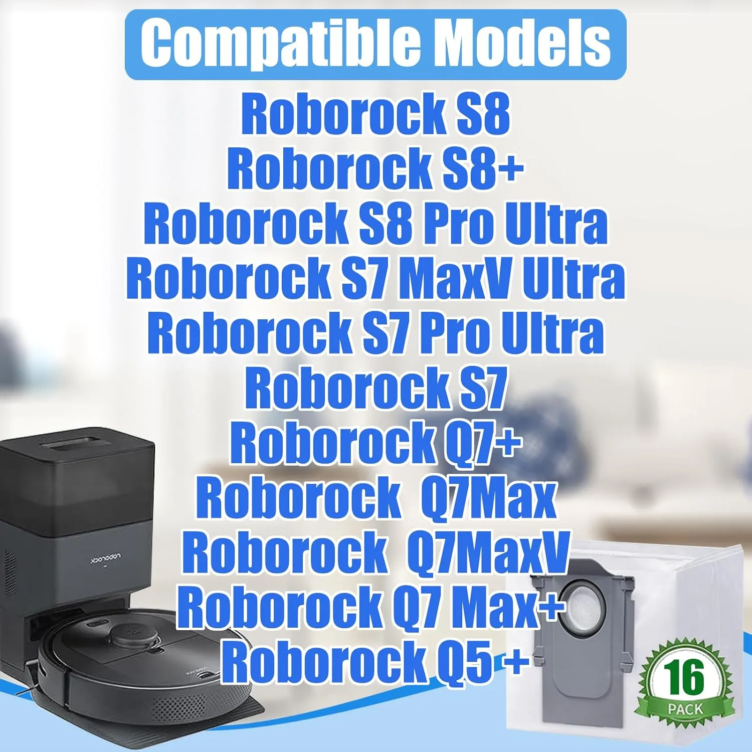 16 pack Disposable Dust Bag for roborock Q5 Q5  Q7 Q7  Q7 Max Q7 Max  S7 MaxV Ultra S8  S8 Pro Ultra Robot Vacuum,roborock q5 bags:3L Large Capacity Disposable Bag Replacement