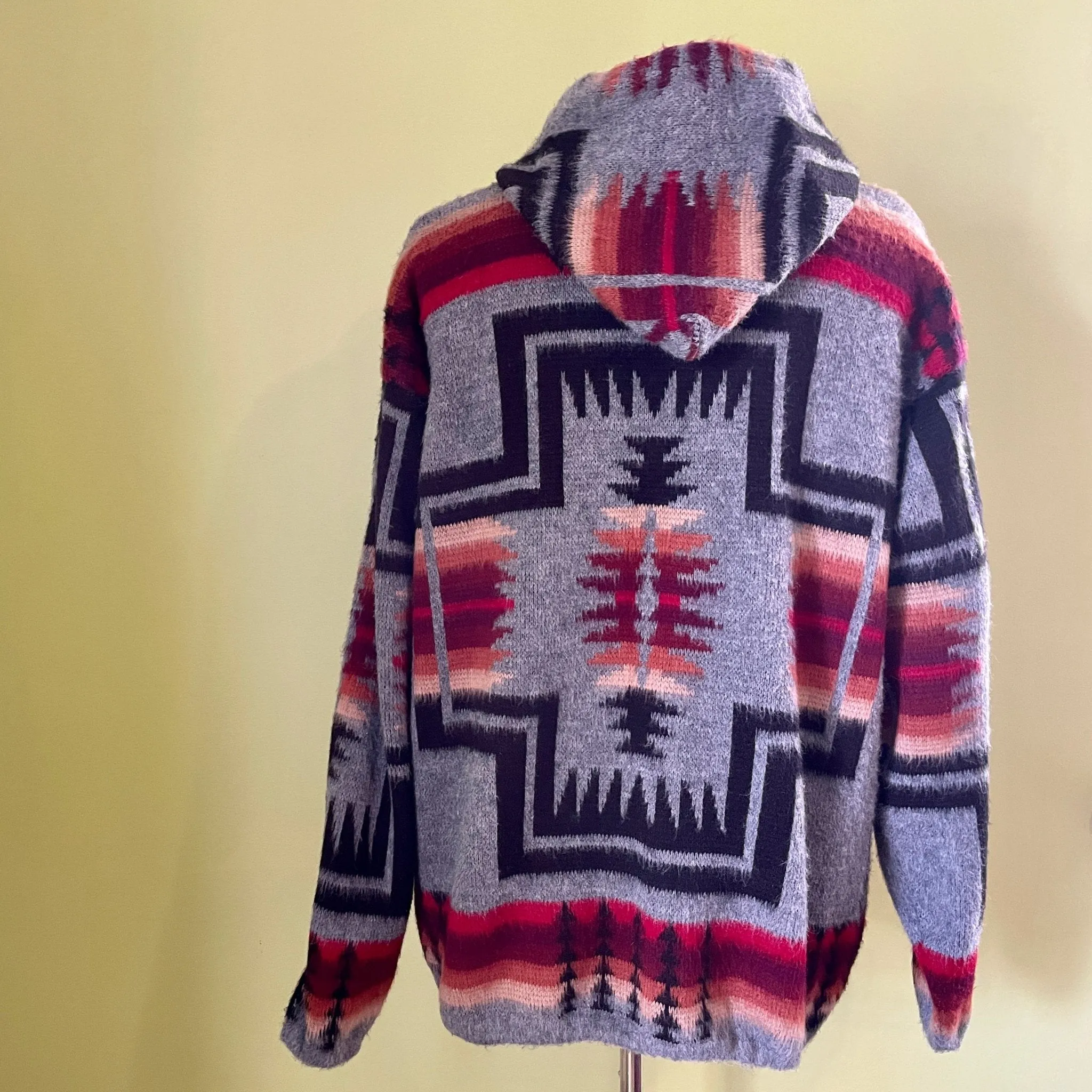 1980's Vintage Aztec Knit Cardigan Zip Hoodie Grey Red Black Ecuador Sz XL - OOAK
