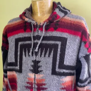 1980's Vintage Aztec Knit Cardigan Zip Hoodie Grey Red Black Ecuador Sz XL - OOAK