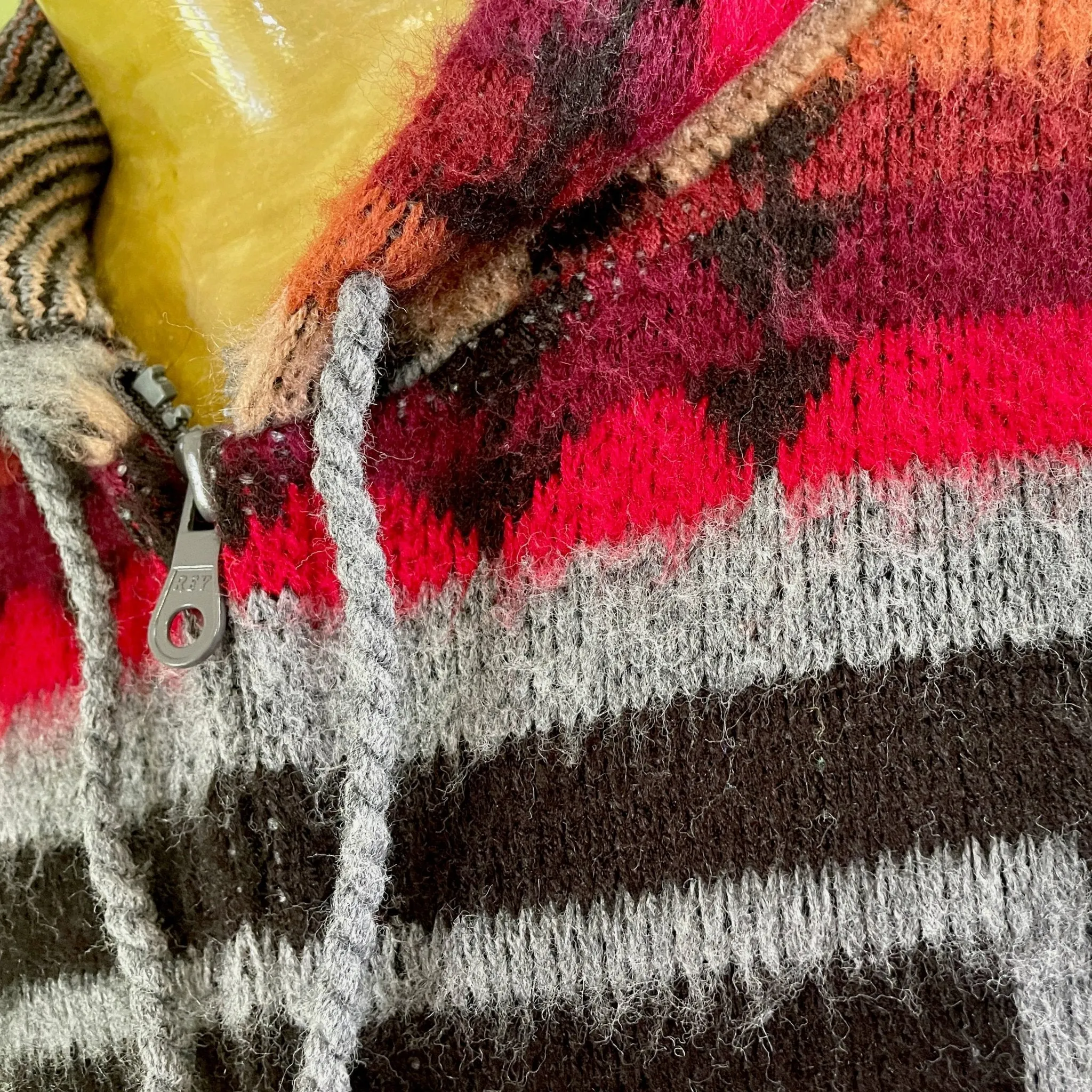 1980's Vintage Aztec Knit Cardigan Zip Hoodie Grey Red Black Ecuador Sz XL - OOAK