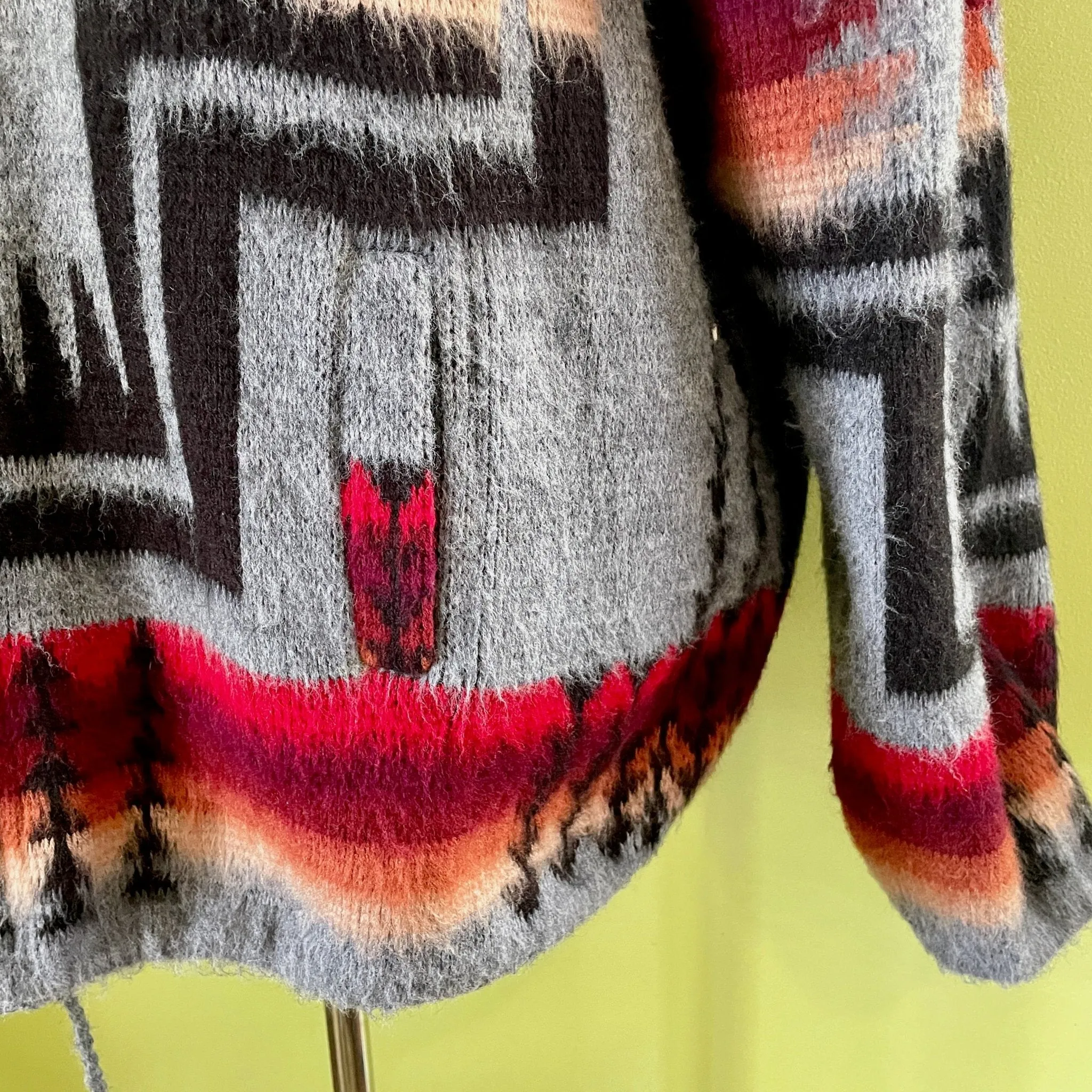1980's Vintage Aztec Knit Cardigan Zip Hoodie Grey Red Black Ecuador Sz XL - OOAK