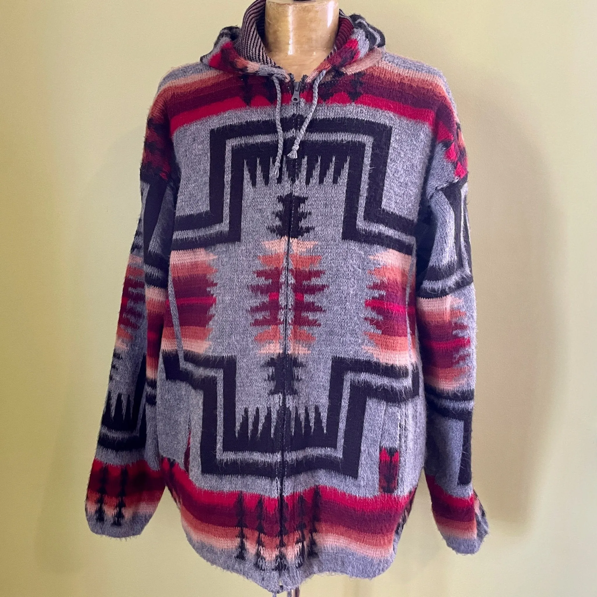 1980's Vintage Aztec Knit Cardigan Zip Hoodie Grey Red Black Ecuador Sz XL - OOAK