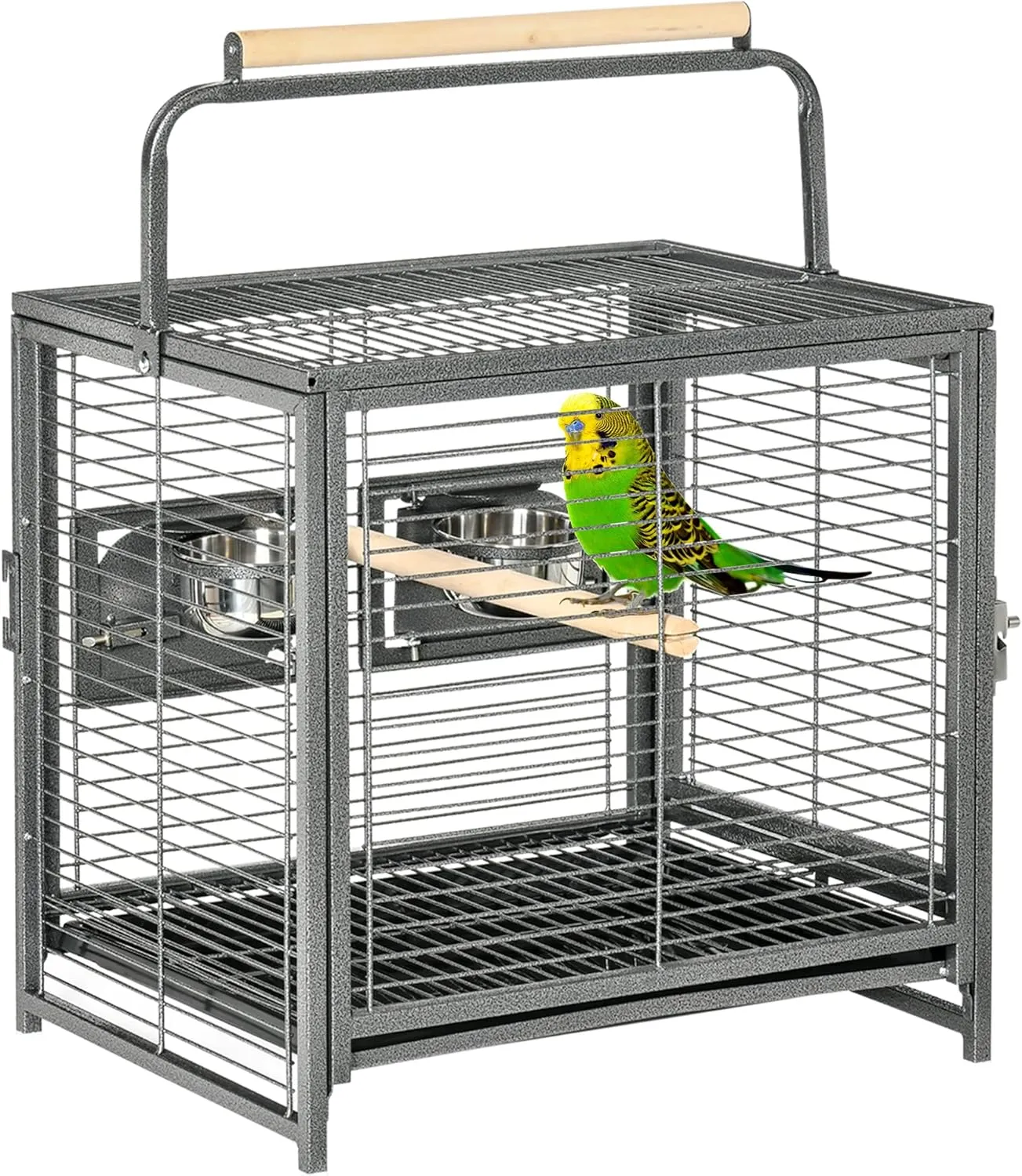 19" Travel Bird Cage for Parrots - Lightweight Carrier with Wooden Perch and Stainless Steel Bowls for Cockatiels, Conures, and African Greys