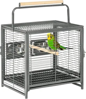 19" Travel Bird Cage for Parrots - Lightweight Carrier with Wooden Perch and Stainless Steel Bowls for Cockatiels, Conures, and African Greys