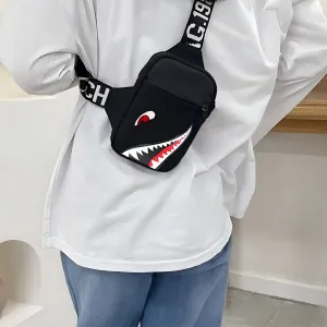 1pc WRLDMCWLQ Men's Small Lightweight Oxford Chest Bag - Black Crossbody Sling with Adjustable Shoulder Strap, Cartoon Shark Design, Ideal for Travel & Hiking, Easy to Clean, Hiking Sling Bag|Trendy Chest Bag|Easyclean Fabric, Hiking Bag
