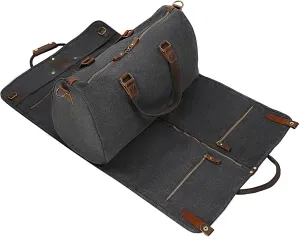 2 in 1 Waxed Canvas Leather Suit Luggage Garment Bag with Shoulder Strap for Travel and Business Trips (Canvas Black)