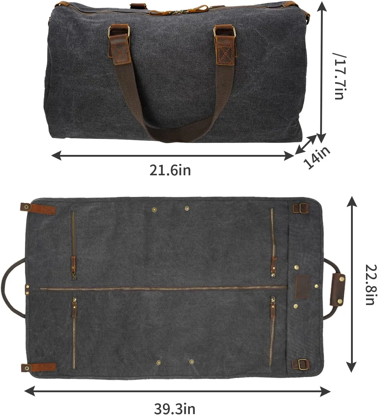 2 in 1 Waxed Canvas Leather Suit Luggage Garment Bag with Shoulder Strap for Travel and Business Trips (Canvas Black)