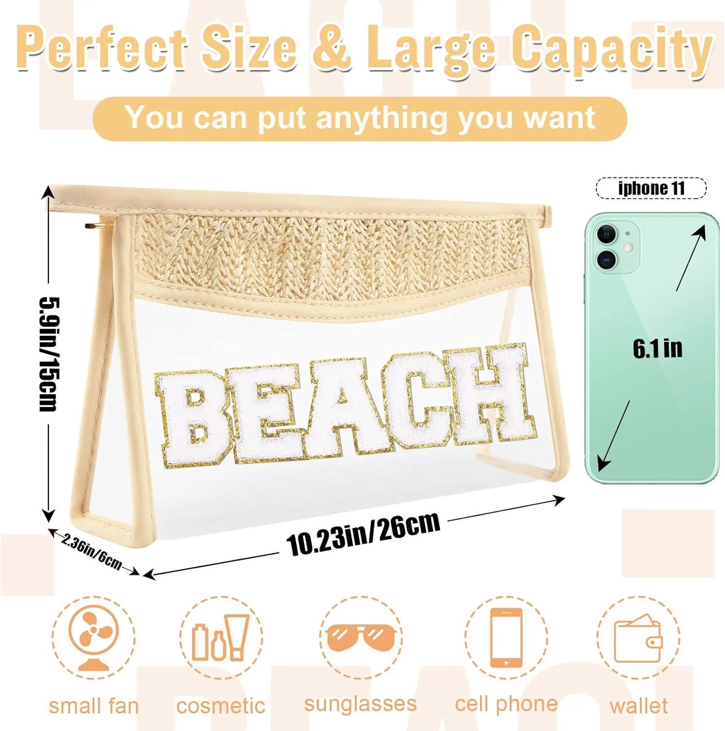 2 Pcs Boho Straw Clear Makeup Letter Pouch, Sunscreen SPF Bag Pouch, Waterproof Beach Toiletry Bag Accessories for Women