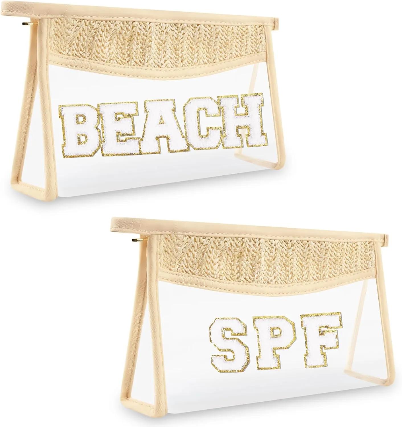 2 Pcs Boho Straw Clear Makeup Letter Pouch, Sunscreen SPF Bag Pouch, Waterproof Beach Toiletry Bag Accessories for Women