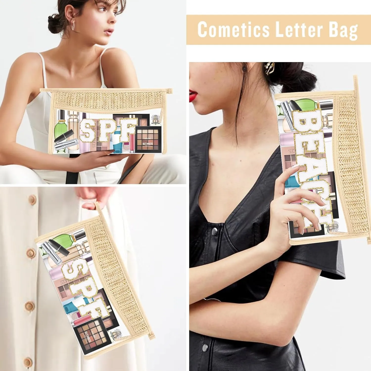 2 Pcs Boho Straw Clear Makeup Letter Pouch, Sunscreen SPF Bag Pouch, Waterproof Beach Toiletry Bag Accessories for Women