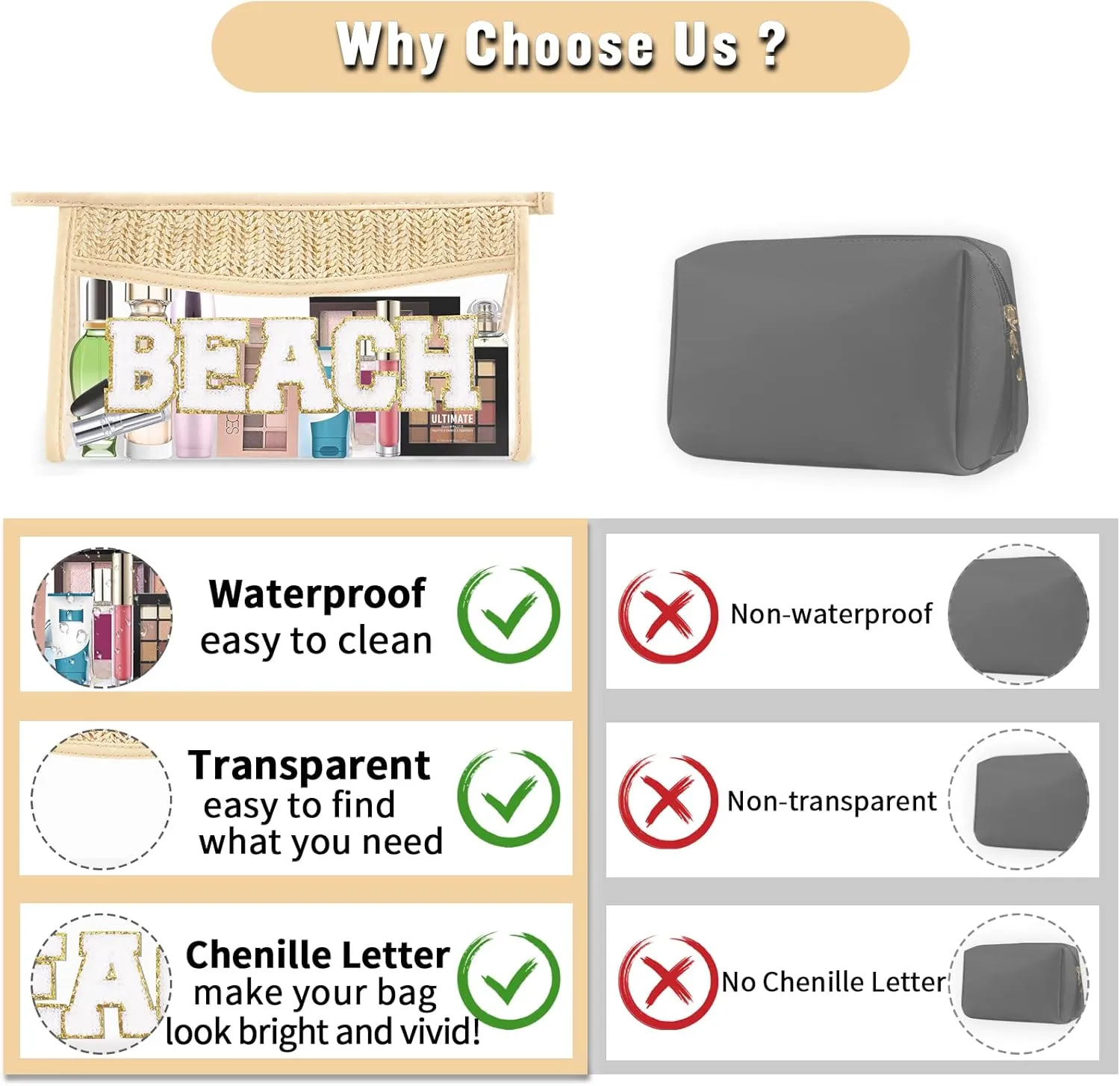 2 Pcs Boho Straw Clear Makeup Letter Pouch, Sunscreen SPF Bag Pouch, Waterproof Beach Toiletry Bag Accessories for Women