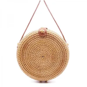2019 Handmade Fashion Round Straw Rattan Bag with Leather Button & Strap