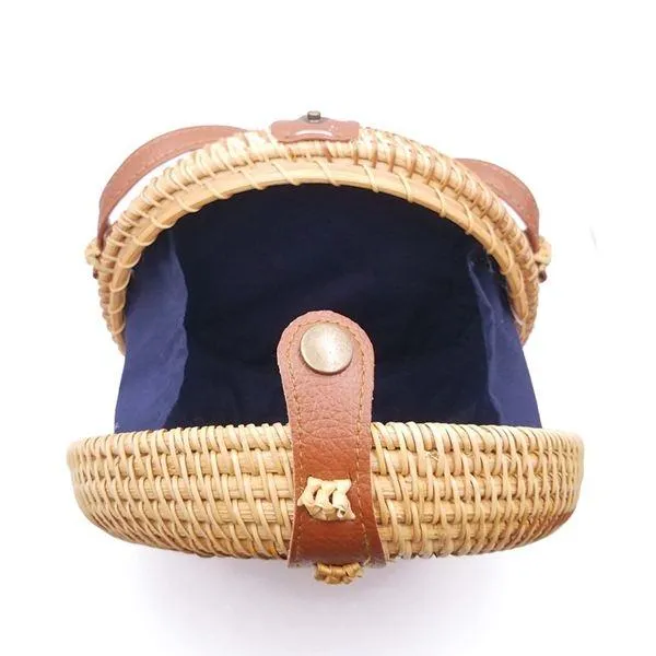 2019 Handmade Fashion Round Straw Rattan Bag with Leather Button & Strap