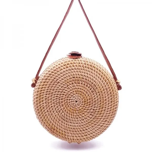 2019 Handmade Fashion Round Straw Rattan Bag with Leather Button & Strap