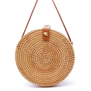 2019 Handwoven Fashion Round Rattan Crossbody Bag with Leather Straps
