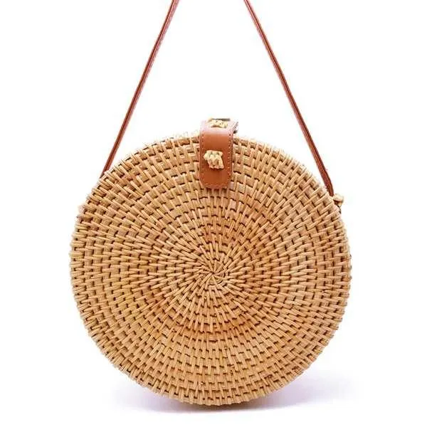 2019 Handwoven Fashion Round Rattan Crossbody Bag with Leather Straps