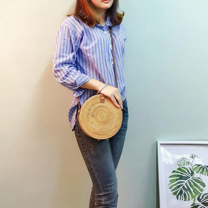 2019 Handwoven Fashion Round Rattan Crossbody Bag with Leather Straps