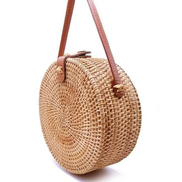 2019 Handwoven Fashion Round Rattan Crossbody Bag with Leather Straps