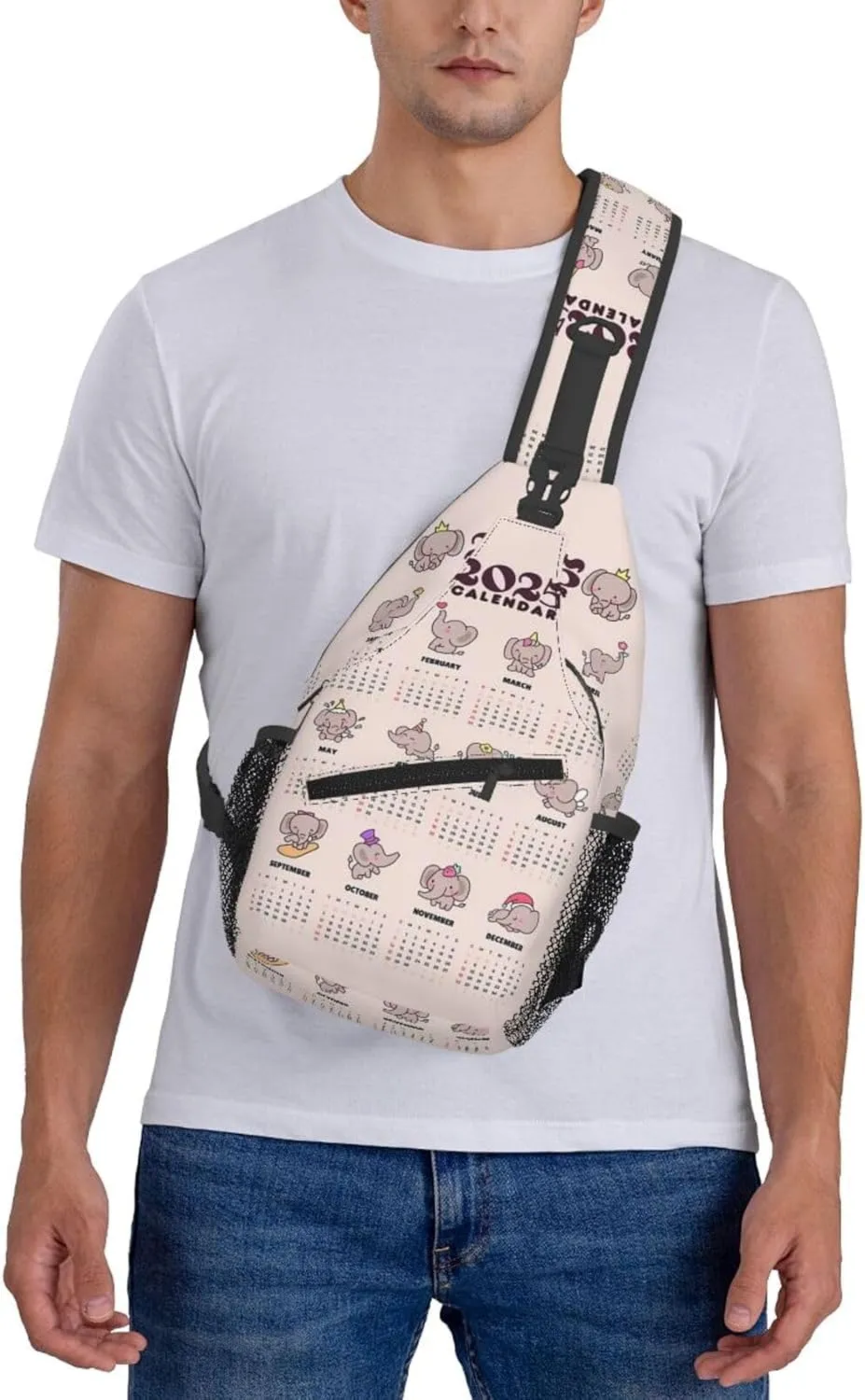 2025 Yearly Calendar Cute Elephant Crossbody Bag Cross Chest Bag Adjustable Sling Backpack Sports Gym Shoulder Bags Travel Cycling Daypack Diagonally Casual Rucksack