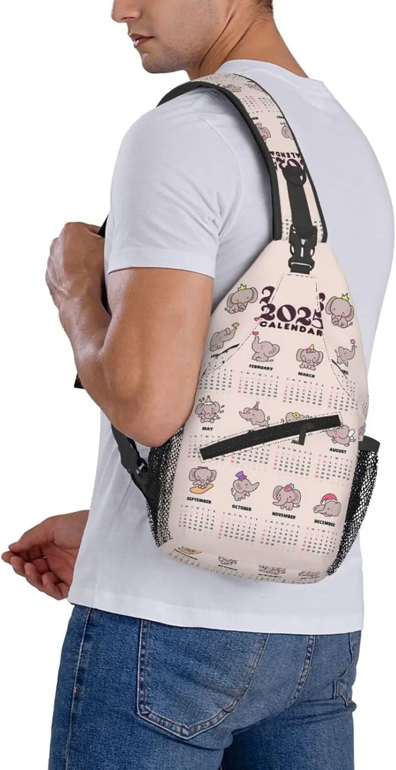 2025 Yearly Calendar Cute Elephant Crossbody Bag Cross Chest Bag Adjustable Sling Backpack Sports Gym Shoulder Bags Travel Cycling Daypack Diagonally Casual Rucksack