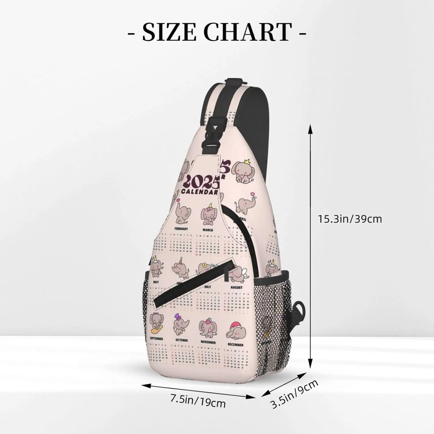 2025 Yearly Calendar Cute Elephant Crossbody Bag Cross Chest Bag Adjustable Sling Backpack Sports Gym Shoulder Bags Travel Cycling Daypack Diagonally Casual Rucksack