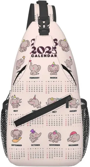 2025 Yearly Calendar Cute Elephant Crossbody Bag Cross Chest Bag Adjustable Sling Backpack Sports Gym Shoulder Bags Travel Cycling Daypack Diagonally Casual Rucksack