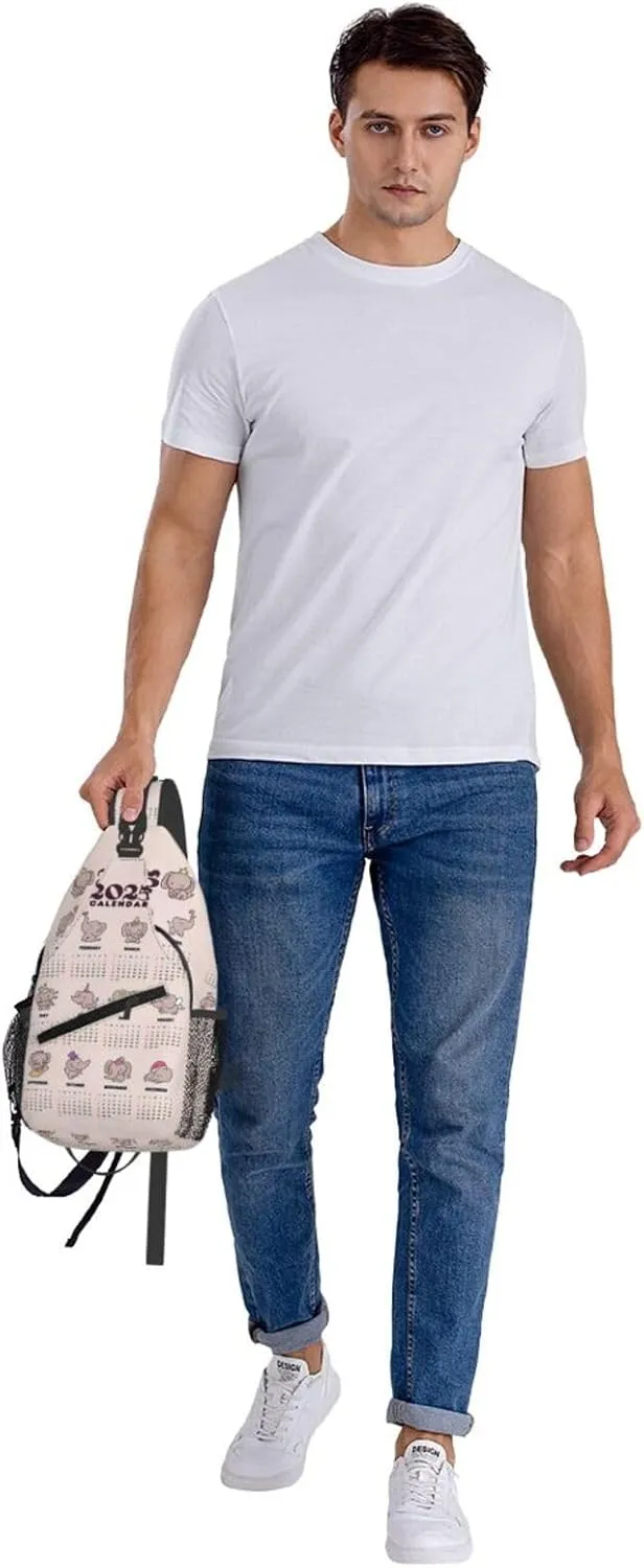 2025 Yearly Calendar Cute Elephant Crossbody Bag Cross Chest Bag Adjustable Sling Backpack Sports Gym Shoulder Bags Travel Cycling Daypack Diagonally Casual Rucksack