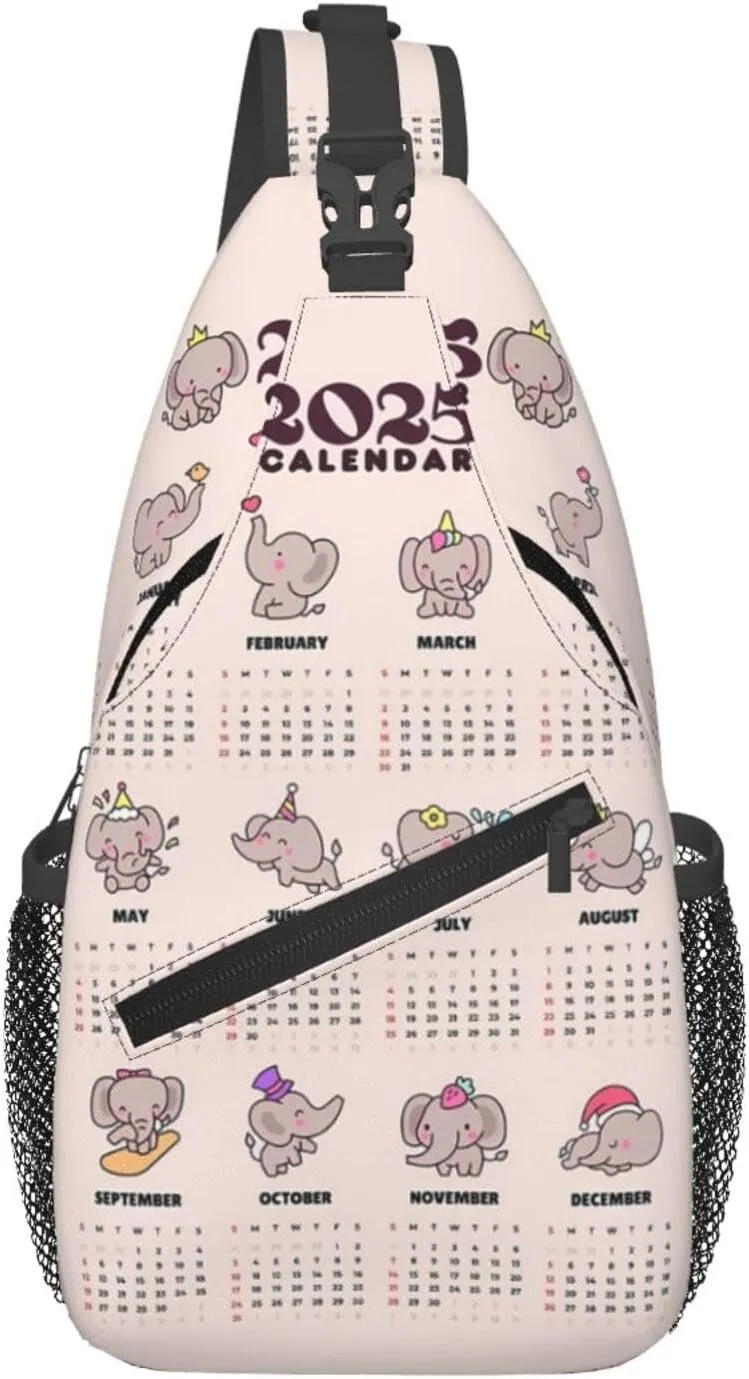 2025 Yearly Calendar Cute Elephant Crossbody Bag Cross Chest Bag Adjustable Sling Backpack Sports Gym Shoulder Bags Travel Cycling Daypack Diagonally Casual Rucksack