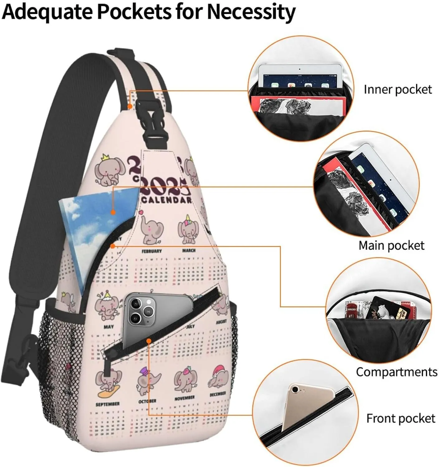 2025 Yearly Calendar Cute Elephant Crossbody Bag Cross Chest Bag Adjustable Sling Backpack Sports Gym Shoulder Bags Travel Cycling Daypack Diagonally Casual Rucksack