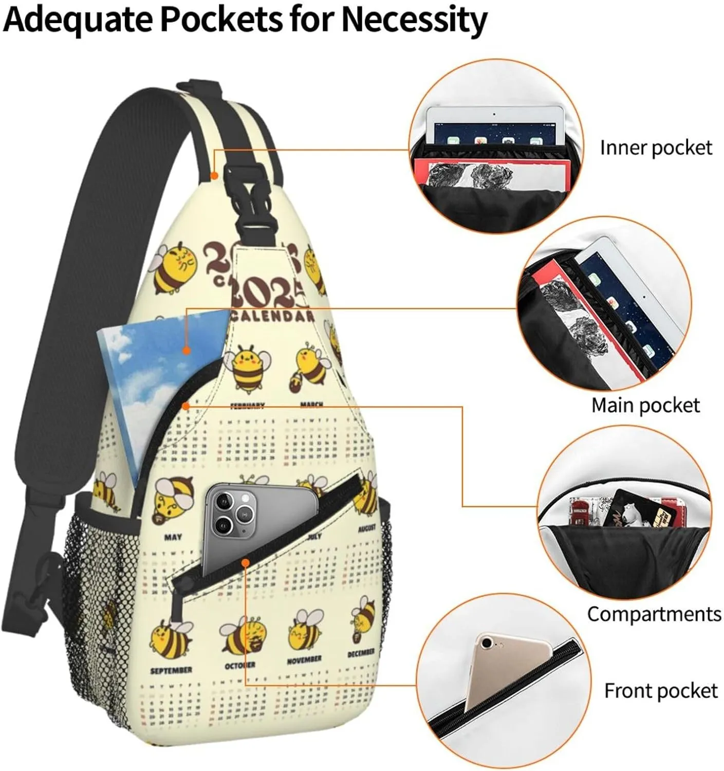 2025 Yearly Calendar Honeybee Crossbody Bag Cross Chest Bag Adjustable Sling Backpack Sports Gym Shoulder Bags Travel Cycling Daypack Diagonally Casual Rucksack
