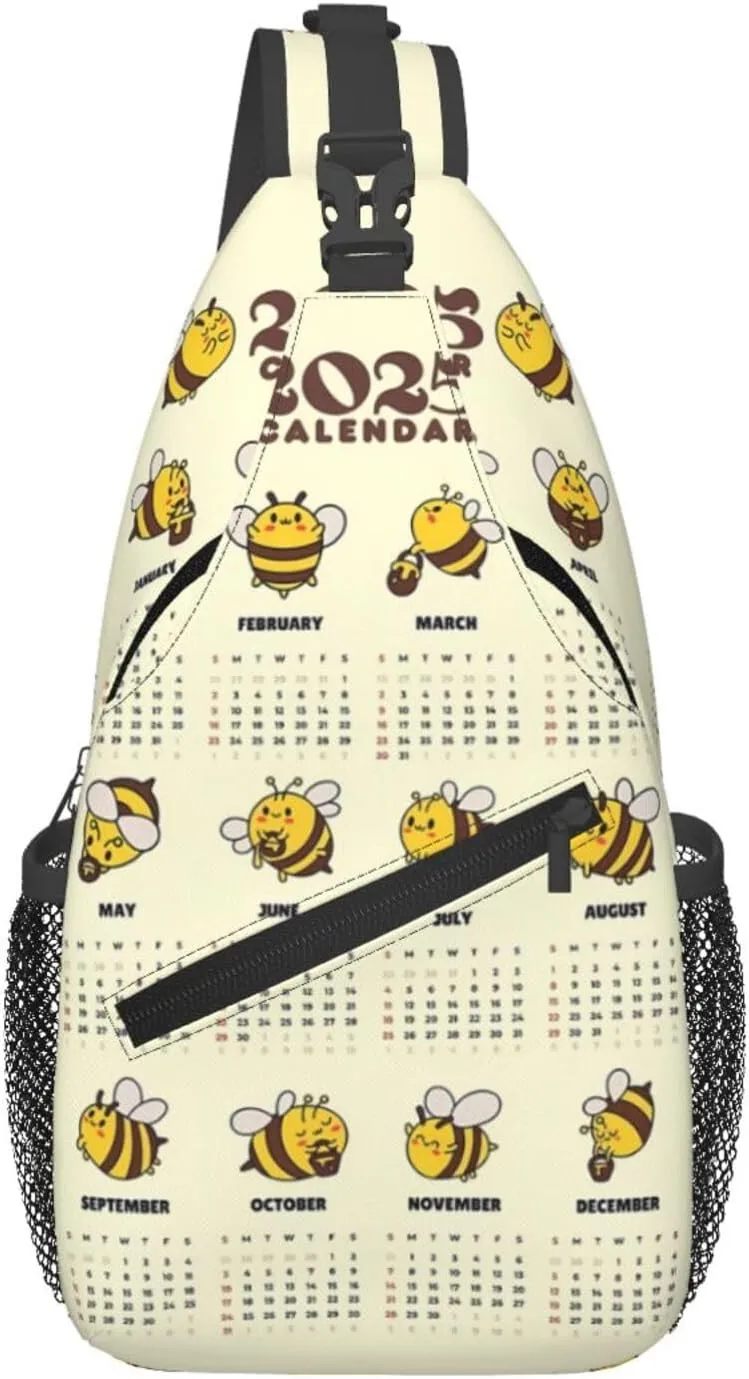 2025 Yearly Calendar Honeybee Crossbody Bag Cross Chest Bag Adjustable Sling Backpack Sports Gym Shoulder Bags Travel Cycling Daypack Diagonally Casual Rucksack