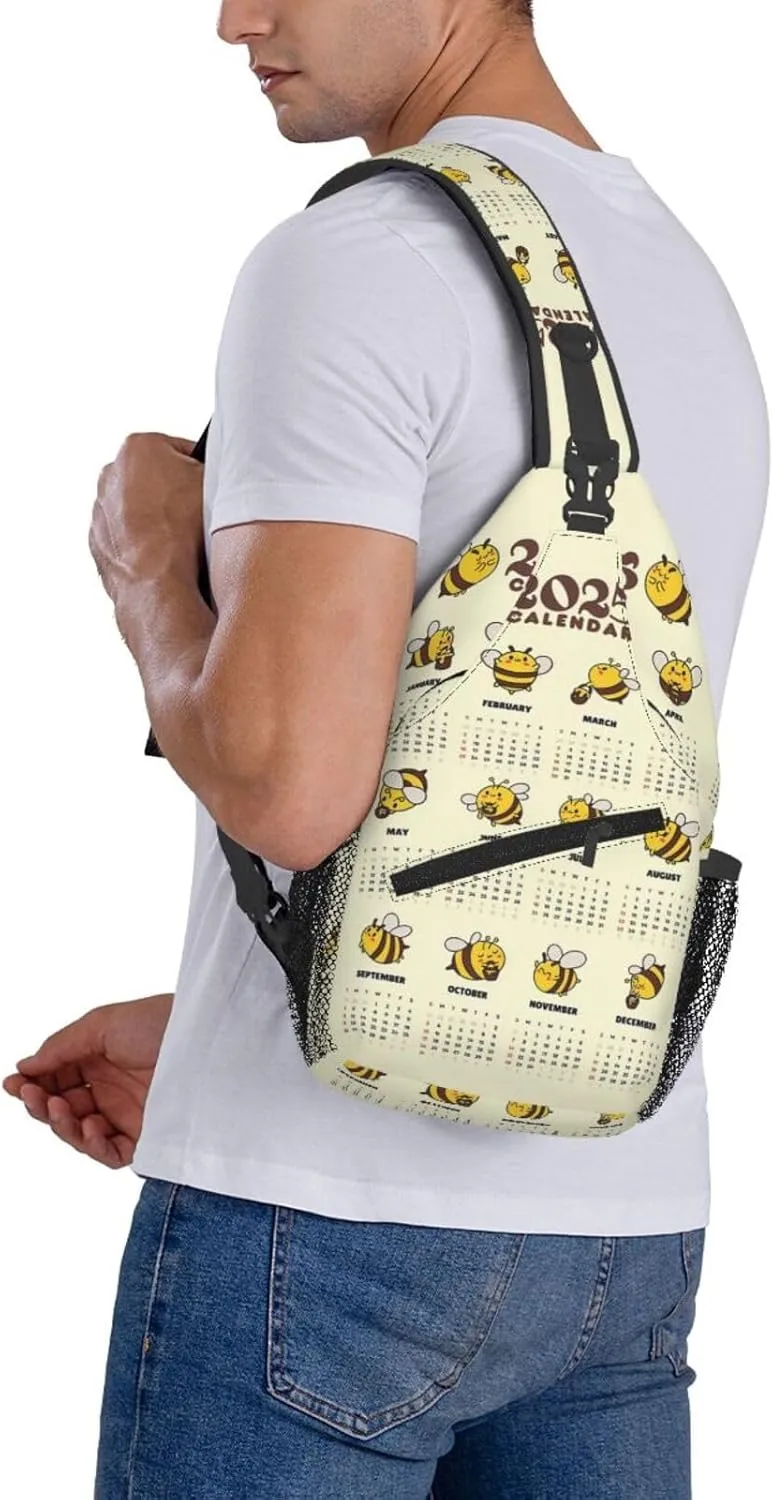 2025 Yearly Calendar Honeybee Crossbody Bag Cross Chest Bag Adjustable Sling Backpack Sports Gym Shoulder Bags Travel Cycling Daypack Diagonally Casual Rucksack