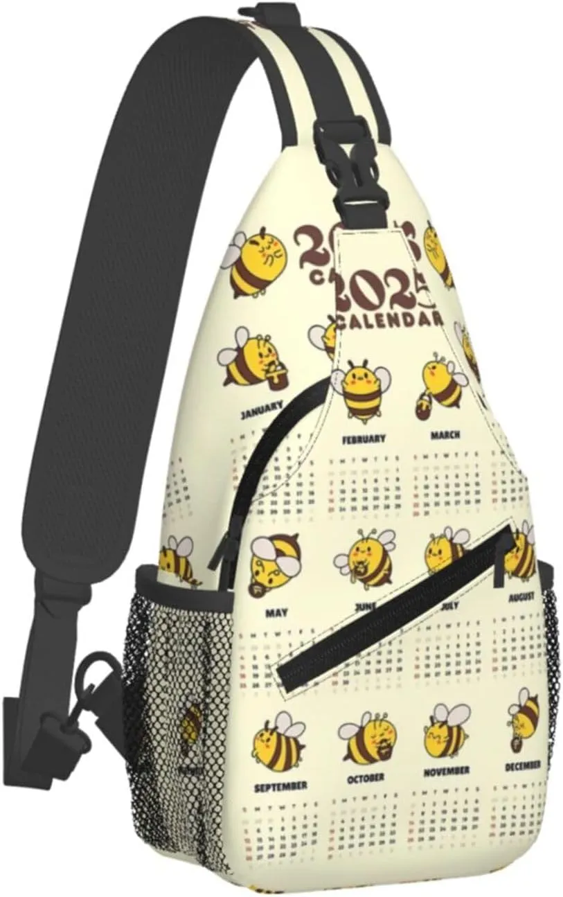 2025 Yearly Calendar Honeybee Crossbody Bag Cross Chest Bag Adjustable Sling Backpack Sports Gym Shoulder Bags Travel Cycling Daypack Diagonally Casual Rucksack