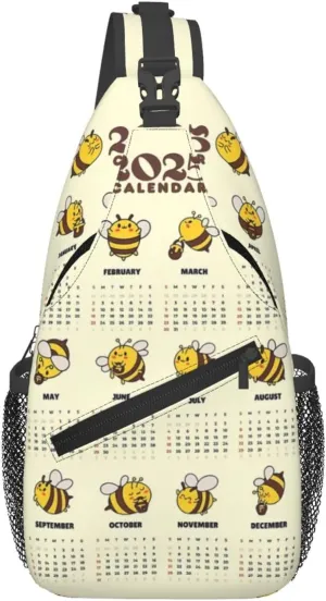 2025 Yearly Calendar Honeybee Crossbody Bag Cross Chest Bag Adjustable Sling Backpack Sports Gym Shoulder Bags Travel Cycling Daypack Diagonally Casual Rucksack
