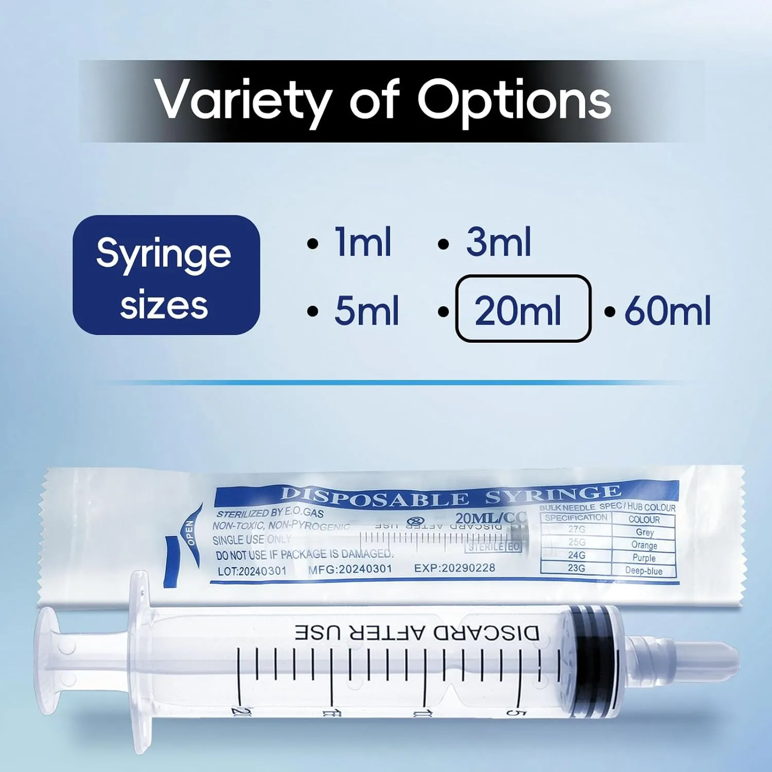 20mL Luer Lock Syringe (No Needle) - Sterile, Individually Wrapped - Pack of 50, Accurate Liquid Measurement, Leak-Proof Design