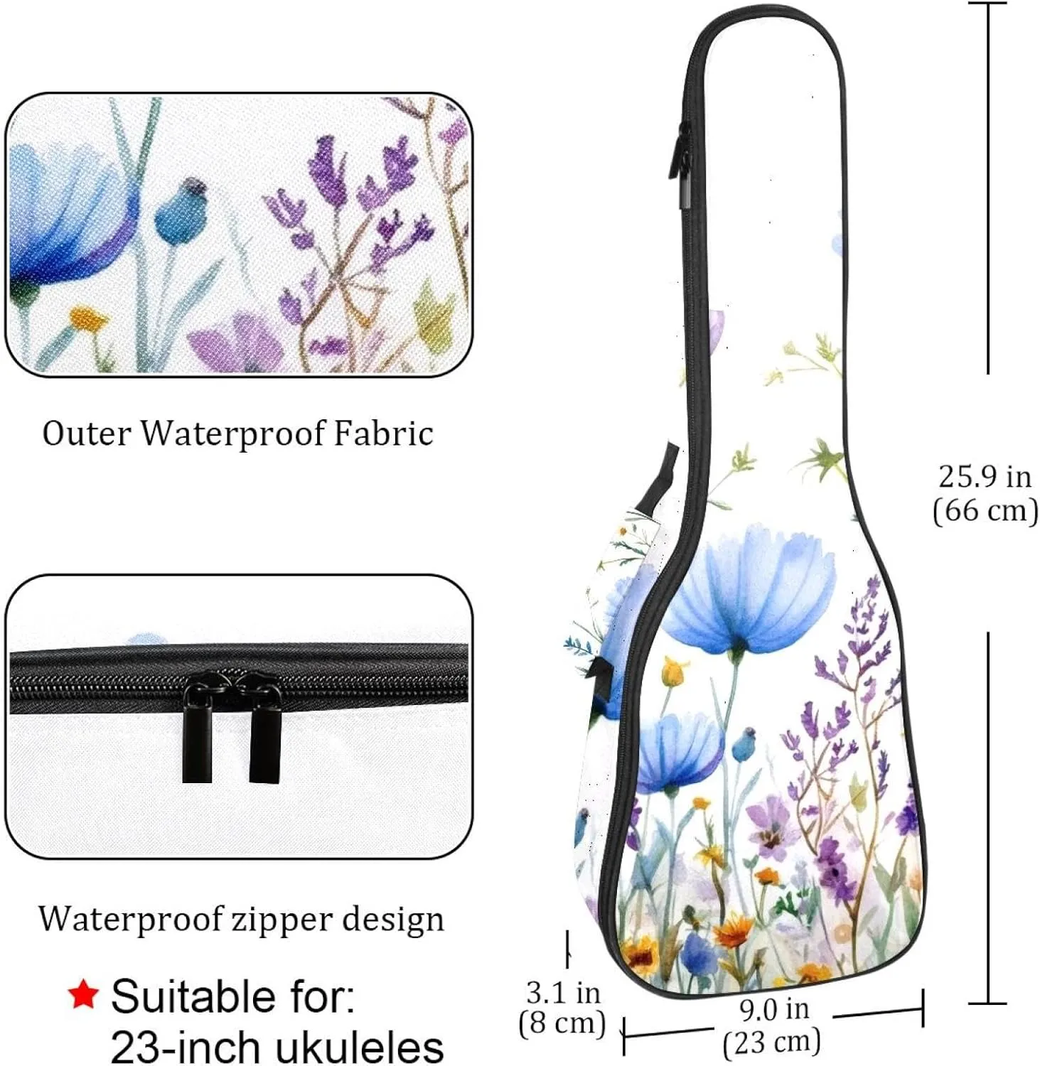 23 Inch Concert Ukulele Case Watercolor Wild Flowers Floral Background Ukulele Padded Bag with Storage and Shoulder Straps