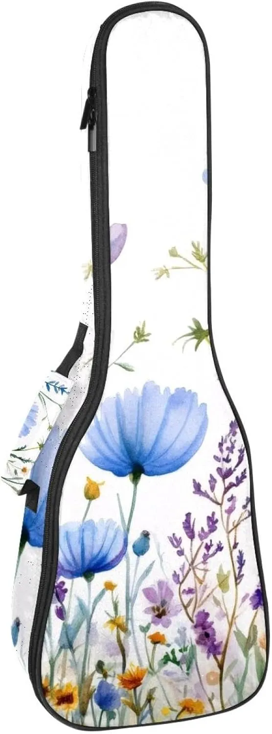 23 Inch Concert Ukulele Case Watercolor Wild Flowers Floral Background Ukulele Padded Bag with Storage and Shoulder Straps
