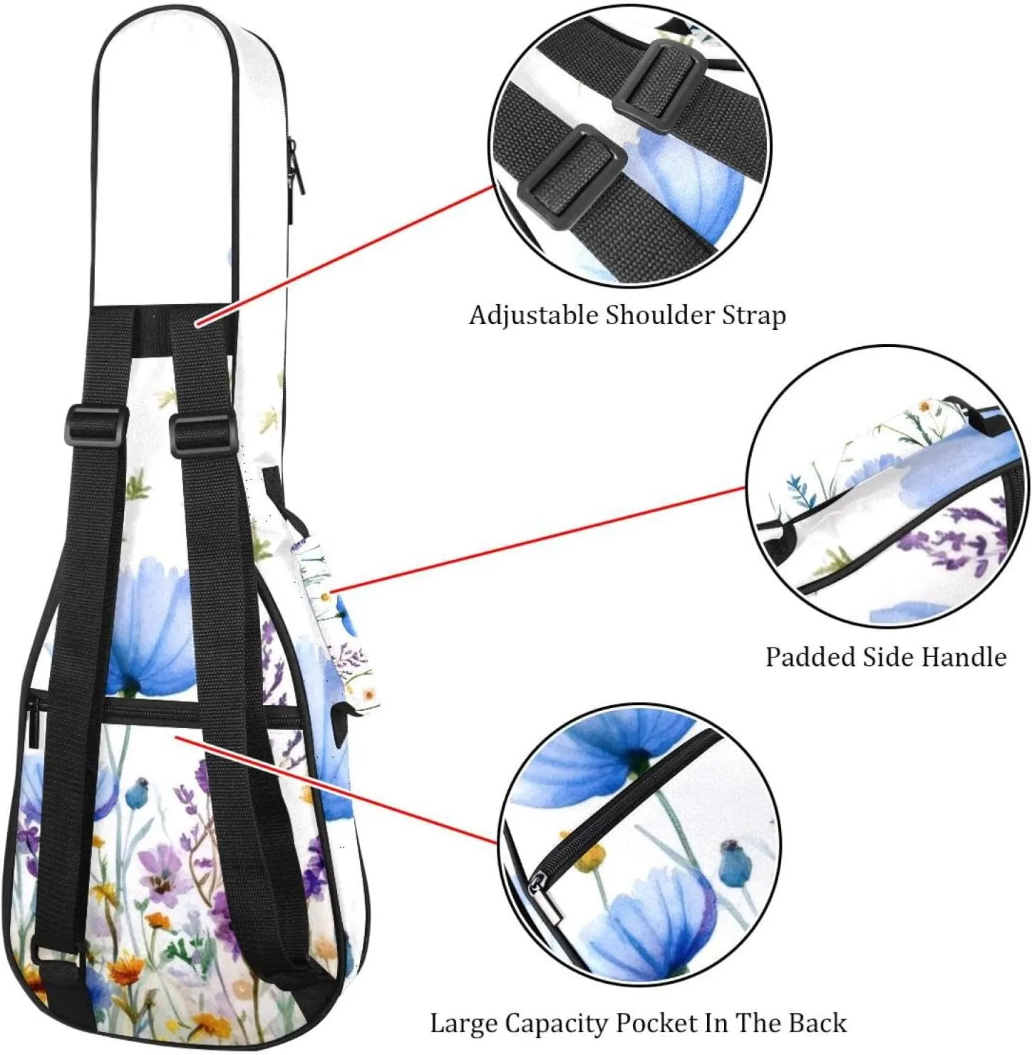 23 Inch Concert Ukulele Case Watercolor Wild Flowers Floral Background Ukulele Padded Bag with Storage and Shoulder Straps