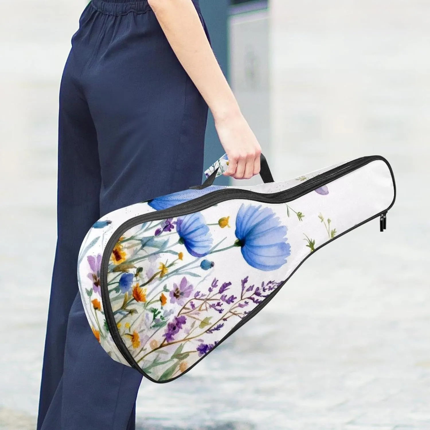 23 Inch Concert Ukulele Case Watercolor Wild Flowers Floral Background Ukulele Padded Bag with Storage and Shoulder Straps