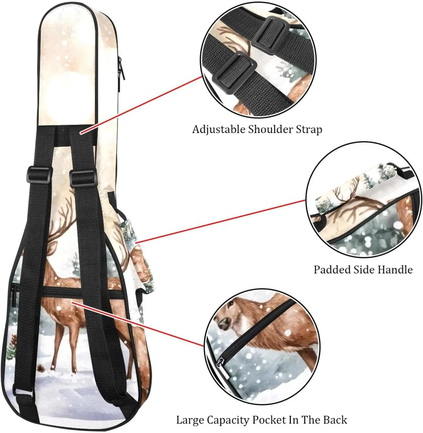 23 Inch Concert Ukulele Case Watercolor Wild Forest Deer with Fir Trees Ukulele Padded Bag with Storage and Shoulder Straps