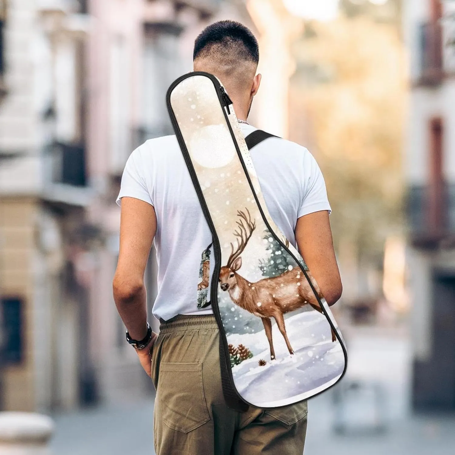 23 Inch Concert Ukulele Case Watercolor Wild Forest Deer with Fir Trees Ukulele Padded Bag with Storage and Shoulder Straps