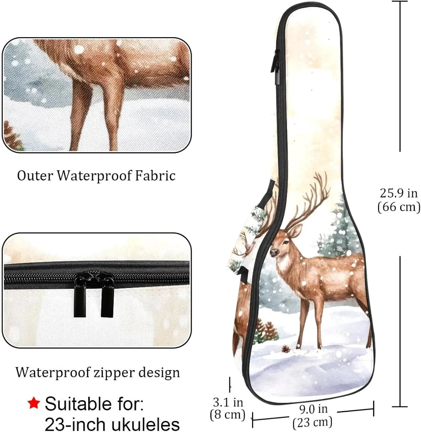 23 Inch Concert Ukulele Case Watercolor Wild Forest Deer with Fir Trees Ukulele Padded Bag with Storage and Shoulder Straps